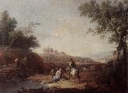 Giuseppe Zais, An italianate landscape with fishermen and travellers resting beside a pool